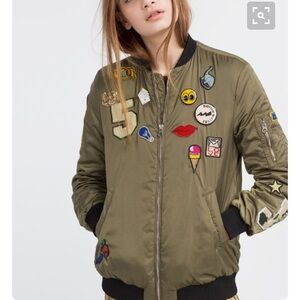 Zara RARE Varsity Utility Patch Embroidered Pin MA-1 Bomber Jacket Olive Green